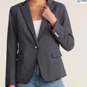 Ann Taylor Black and White Striped Blazer Pearl Accents